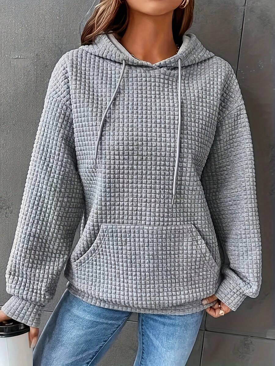 Must-Have For The New Year Plus-Size Solid Color Waffle Hoodie, Casual Pocket Drawstring Long-Sleeved Hooded Sweatshirt, Women's Plus-Size Clothing, Outdoor Sweatshirts, Local Warehouse Direct Delivery, Girls' Fashionable Tops Waffle-Knit Hoodie, Oversized Pullover Hooded Top Fabric Texture: Waffle-Knit Textured Fabric, Soft Warm Knit Material Design Details: Hood With Drawstring, Front Kangaroo Pocket, Ribbed Trim (Cuffs/Hem), Oversized Relaxed Fit Styling Style: Vibrant Casual Style, Daily Street Relaxed Vibe 3D Textured Fabric Layering Effect - 灰色/潮流百搭 - 查看 1
