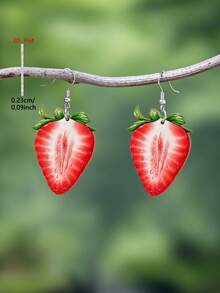 1 Pair 2D Flat Cartoon Strawberry Acrylic Pendant Earrings, Elegant Minimalist Style Jewelry Earrings For Women, Suitable For Daily And Holiday Wear - Red - View 4