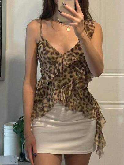 Blusa de mujer con decoración de volantes y estampado de gasa para primavera/verano