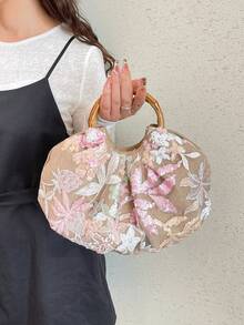 Dedoo 海滨度假包 女士新款刺绣立体贴花亮片花朵粗纺手提包 优雅托特包（图案随机裁剪） - 粉色 - 查看 4