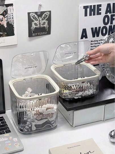 2pcs/1pc Large Capacity Desktop Storage Box With Flip Cover, Suitable For Adults, Dust-Proof Box For Storing Hair Clips, Hair Ties, Makeup Tools, Cosmetics, Skincare Products, Room Decor, Gift Box. [Note: There Is An Installation Video Tutorial On The Homepage, Please Check It Out! Thank You!]