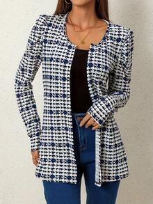 Women's Spring/Summer Casual Lightweight Jacket, Houndstooth Print Round Neck Cardigan, Puff Sleeve Regular Fit Outerwear - Blue - View 4