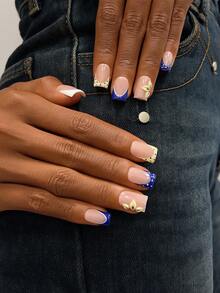 10片装Y2K风管状美甲贴片套装 - 手工制作，粉色美甲，蓝色美甲，蓝黄法式美甲，手工3D花朵美甲，3D黄色花朵美甲，手绘蓝色波点美甲设计，可爱美甲。精致优雅美甲 - 彩色 - 查看 3