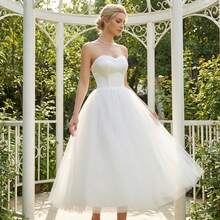 无肩带新娘婚纱、白色女士礼服、及膝新娘婚纱、缎面舞会礼服、薄纱蓬蓬裙、婚礼派对女士正式礼服 - 白色 - 查看 4