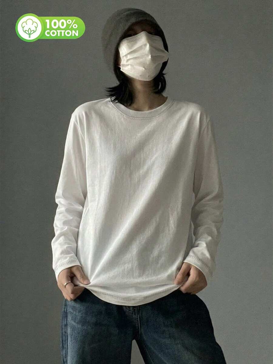 Áo thun nữ dài tay cổ tròn 100% cotton, trọng lượng 230g, mẫu mới 2026, áo thun dài tay nữ mùa xuân/thu, kiểu dáng đôi, mặc trong/ngoài, áo thun dài tay cotton mùa xuân dáng rộng màu trắng cho nữ, áo thun đa năng mùa thu/đông. - trắng - Xem 1