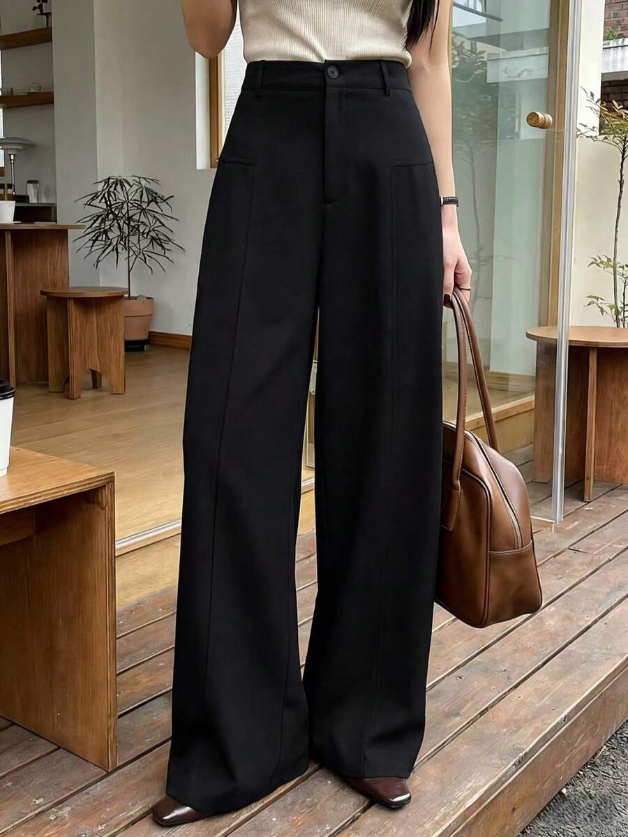 Quần tây ống rộng cạp chun phía sau dành cho nữ, quần ống đứng cạp cao có túi. - màu đen - Xem 1