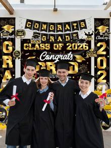 15 piezas - Conjunto de decoración para graduación 2026: Decoraciones para fiesta de graduación en negro y dorado, que incluyen pancarta de felicitaciones de graduación, telón de fondo de graduación y suministros para fiesta 2026 - Conjunto de graduación negro y dorado - Ver 3