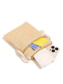 Túi đựng điện thoại bằng rơm mùa hè dành cho nữ, túi đeo vai mini thời trang. - Màu be - Xem 5