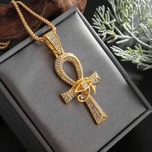 Elegant & Luxurious Golden-Tone Cubic Synthetic Zirconia Ankh Eye Of Horus Pendant Necklace - Egyptian Symbolism For Protection & Eternal Life, Sparkling Accents, Durable Chain For Daily Wear & Parties, Women's Fashion Jewelry Gift, Egyptian Jewelry, Symbolic Gift, Intricate Detailing, Stylish Accessory, Statement Piece, Gift Shoppers - 金色 - 查看 1