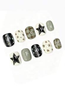 10pcs It's Named Star Plaid Ink Sequence. This Manicure Features A Monochromatic Palette Of Black, Off-White, And Sage Green, Paired With Metallic Star Motifs, Studded Large Star Accents, Vintage Plaid Patterns, And Speckled Details. - Multicolor - View 2