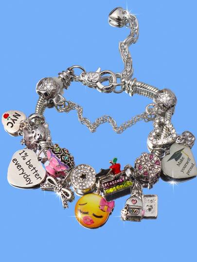 1pc Back To School/Graduation Charm Bracelet, Retro Bow Heart, Teddy Bear, Diploma Hat Charms