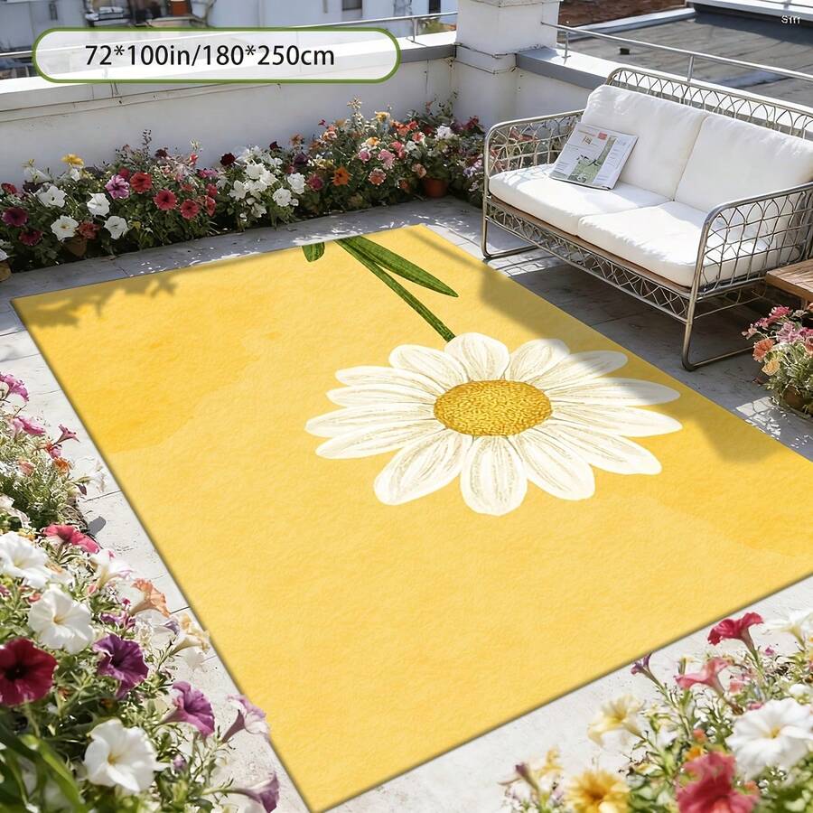 Digitally Printed Yellow Daisy Pattern Floor Mat, RV Mat, Picnic Mat, Camping Mat, Decorative Carpet Suitable For Patio, Living Room, Garden, Lawn, Pool, Beach, RV, Picnic, Camping, Decorative Courtyard, Holiday Decoration, Etc. The Foldable And Easy-To-Carry Floor Mat Comes In A Variety Of Decorative Styles And Multiple Sizes To Choose From - 1PC - Xem 1