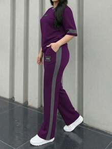 2pcs Women's Spring/Autumn Round Neck Short Sleeve T-Shirt And Elastic Waist Loose Pants Set, Casual Daily Wear Summer - 深紫色 64 - 查看 5