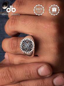 1pc S925 Sterling Silver Nordic Viking Rune Symbol Ring, Celtic Knot Four-Leaf Clover Vintage Punk Style Ring For Men, Hollow Celtic Heart Design, Suitable For Daily Wear And Parties, Gift Box Included - Four-leaf Clover Kuhn Rune - View 6