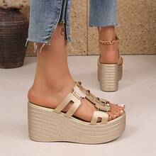 New Women's Summer Solid Color Round Toe Breathable Platform Thick Bottom Wedge Sandals, Rivet Hollow Buckle Design, Fashionable, Heightening, Lightweight, Comfortable, Daily Wear,Beach Shoes - Gold - View 6