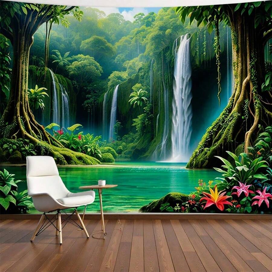 [2D Flat Printing]2D Flat, 1pc RIMBOL Jungle Tapestry Background  3D Dam Waterfall And Tree Canopy Polyester Wall Art, Vibrant Natural Scene Suitable Zen Living Rooms, Tropical Themed Parties And Interior Decoration (Various Sizes), Party Backdrop |   Waterfall Scene |   Polyester Tapestry, Junglethemed Decorations - Nhiều màu - Xem 1