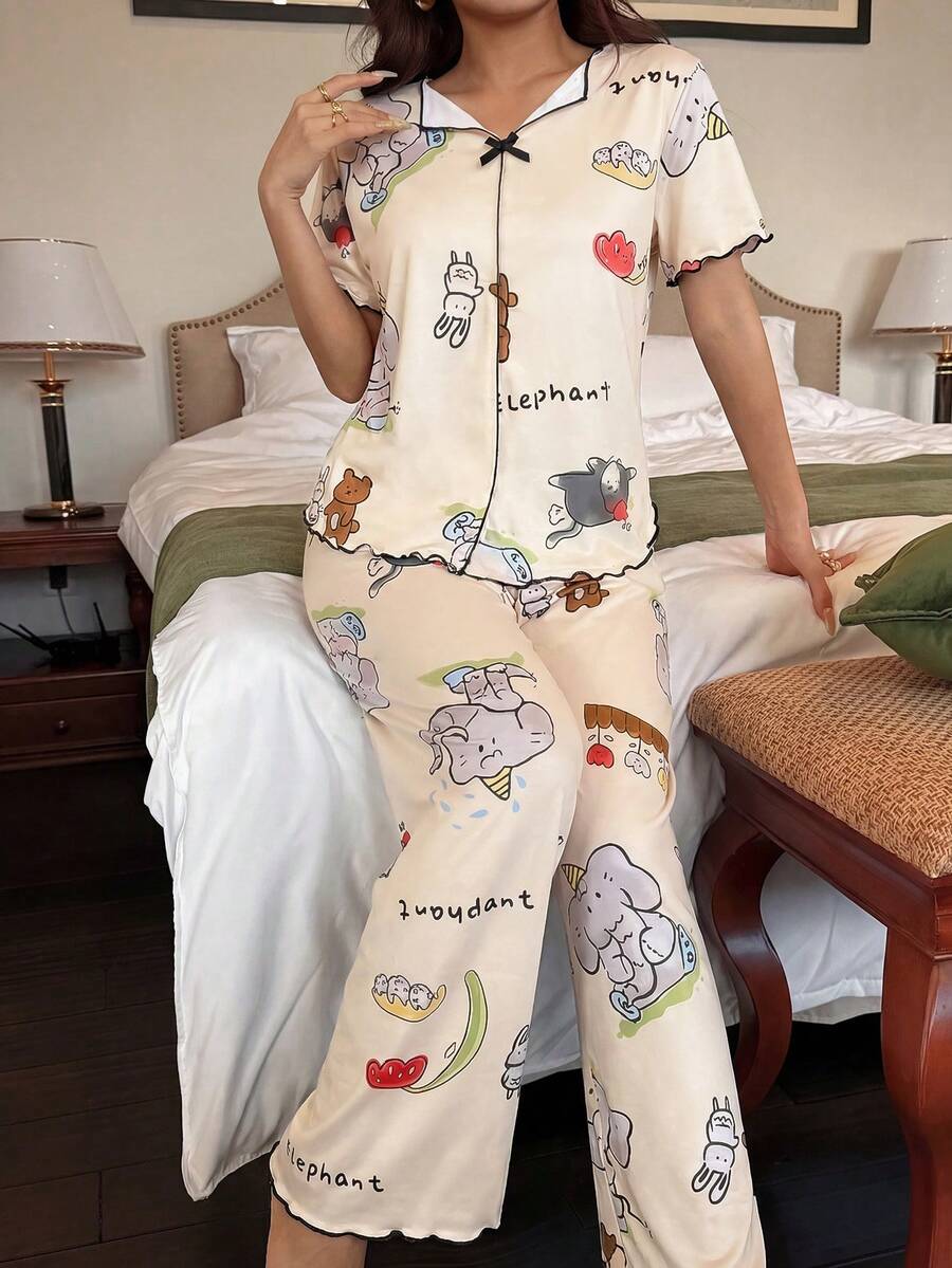 女士V领卡通印花睡衣套装，短袖袖口上衣搭配长裤，可爱睡衣套装，女士家居服套装，休闲时尚睡衣套装 - 彩色 - 查看 1
