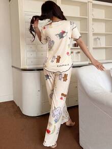 Conjunto de pijama de mujer con cuello en V y estampado de dibujos animados, top de manga corta con puños y pantalón largo, conjunto de ropa de dormir linda, conjunto de ropa de estar en casa, conjunto de pijama casual y de moda - Multicolor - Ver 2
