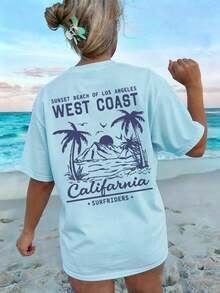 Summer Tops Mother's DayWomen's New Summer Casual Round Neck Short Sleeve T-Shirt, Simple Versatile Palm Tree Slogan Print, Suitable For Daily Wear. Graphic Tee, Women's T-Shirt Top Vacation.Loose And Comfortablesummer Clothes Easter - 淺藍色 - 查看 1