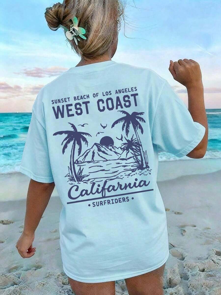 Summer Tops Mother's DayWomen's New Summer Casual Round Neck Short Sleeve T-Shirt, Simple Versatile Palm Tree Slogan Print, Suitable For Daily Wear. Graphic Tee, Women's T-Shirt Top Vacation.Loose And Comfortablesummer Clothes Easter - 淺藍色 - 查看 1