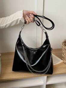 Túi đeo chéo dưới cánh tay bằng da sáp dầu thời trang, mẫu mới về, túi đeo vai nhỏ gọn tối giản cá tính, túi đeo chéo công sở sành điệu có dây xích. - màu đen - Xem 2