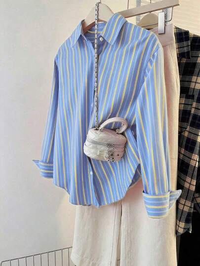 Women's Fashion Long Sleeve Drop Shoulder Button Front Polyester Striped Shirt Blouse, Casual Loose Fit, Shirt Collar Design, With Pocket Detail Spring