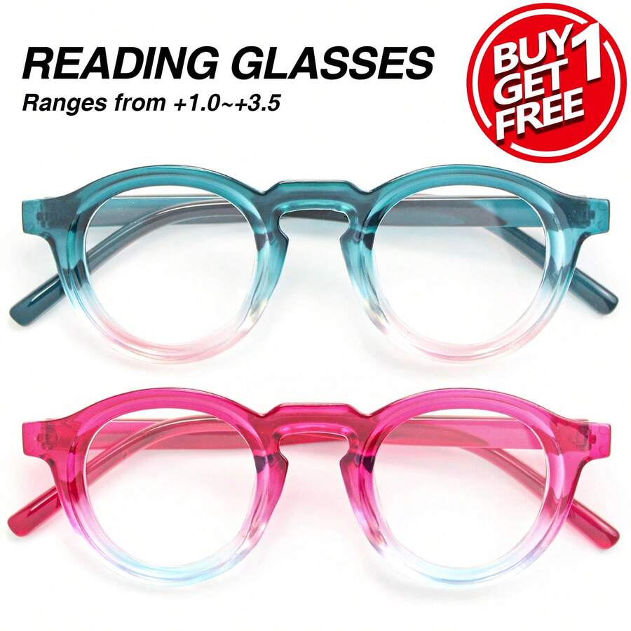 2pcs Ombre Round Frame Reading Glasses, Women's High Definition Eyewear, 2-Pack, Versatile Daily Accessory - Blue + Pink - View 1