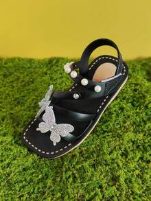 1 Pair Girls' Shiny Butterfly Decor Fashion Sandals, Comfortable Breathable Flat Sandals Suitable For Outdoor, Travel, Spring/Summer - Black - View 4