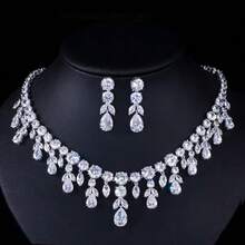 1 Set Of 3pcs Elegant Cubic Zirconia Necklace And Earrings Set, High-Quality Jewelry For Bride, Wedding, Formal Party, Engagement, Valentine's Day, Holiday Wear - Water Drop - View 5