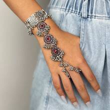 波西米亚风镀银三件套指链：精致镂空设计，点缀水晶，可调节戒指和腕带，适合节日和派对场合，尽显魅力 - 復古銀色 - 查看 5
