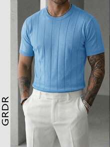 GRDR Men's Summer Knit Solid Ribbed Short Sleeve Sweater, Sporty Casual, Suitable For Outdoor Activities - Baby Blue - View 9