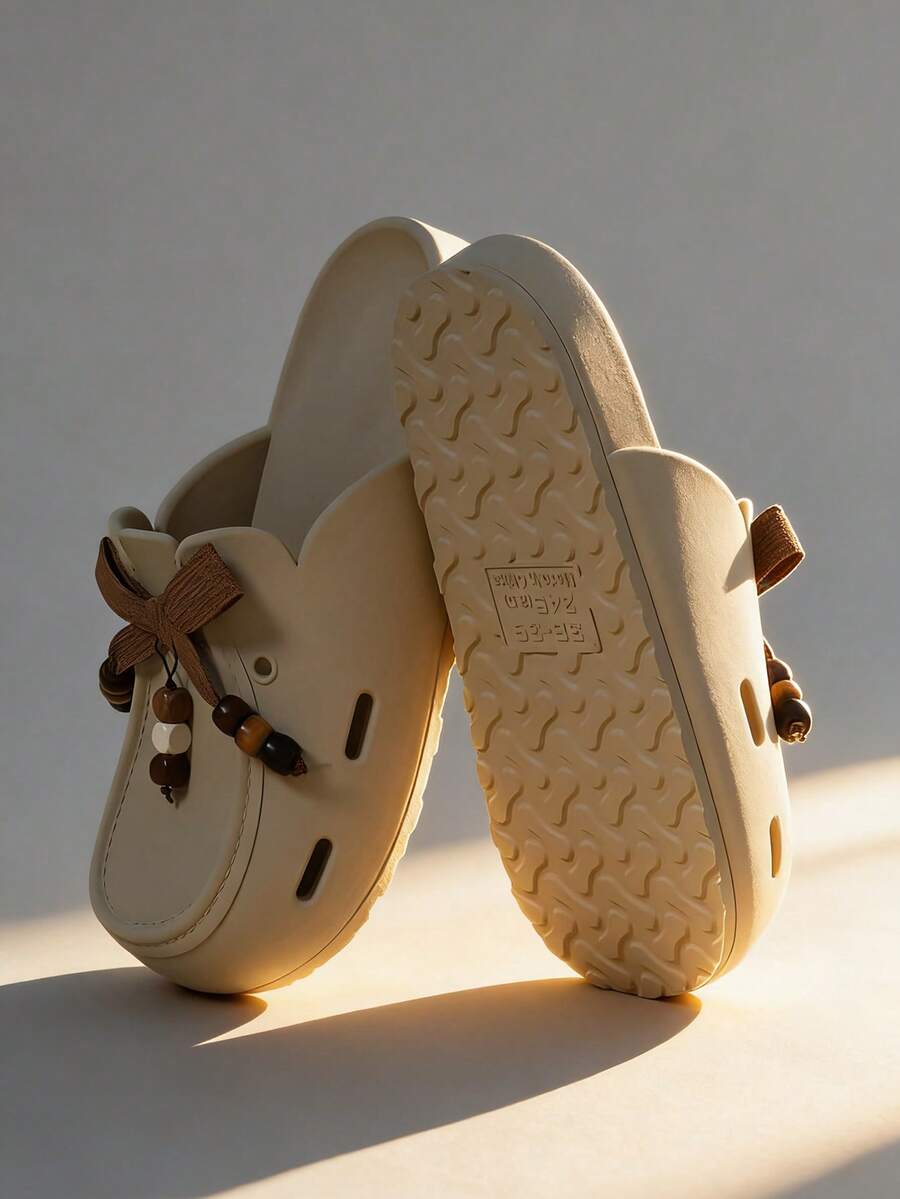 1 Pair Women's Fashion Versatile EVA Thick-Sole Bow Tie Hollow Slip-On Sandals, Non-Slip Design Flat Casual Slippers, Suitable For Spring/Summer - Khaki - View 1