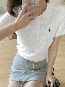 Women's Korean-Style Ice Silk Fiber Shirt - Breathable Short-Sleeved Collared Top With Embroidered Logo, Bright Yellow Casual Spring-Summer Everyday Fashion, Non-Transparent Fabric - trắng - Xem 6