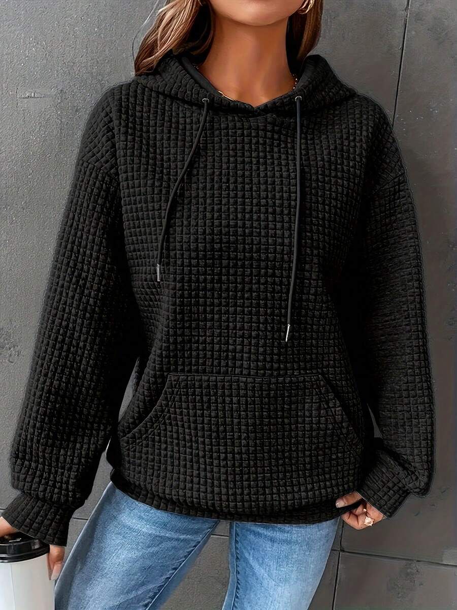 Must-Have For The New Year Plus-Size Solid Color Waffle Hoodie, Casual Pocket Drawstring Long-Sleeved Hooded Sweatshirt, Women's Plus-Size Clothing, Outdoor Sweatshirts, Local Warehouse Direct Delivery, Girls' Fashionable Tops Waffle-Knit Hoodie, Oversized Pullover Hooded Top Fabric Texture: Waffle-Knit Textured Fabric, Soft Warm Knit Material Design Details: Hood With Drawstring, Front Kangaroo Pocket, Ribbed Trim (Cuffs/Hem), Oversized Relaxed Fit Styling Style: Vibrant Casual Style, Daily Street Relaxed Vibe 3D Textured Fabric Layering Effect - 黑色/潮流百搭 - 查看 1