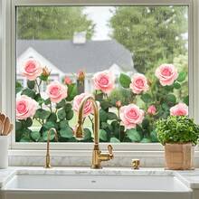1pc Pink Rose Window Decor, Soft Pink Roses And Green Leaves, Lighting Up The Window With A Gentle Romantic Ambiance - Multicolor - View 1