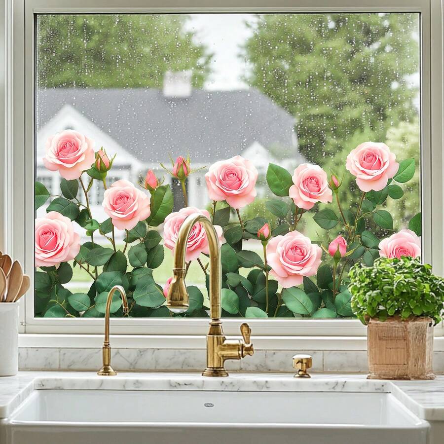 1pc Pink Rose Window Decor, Soft Pink Roses And Green Leaves, Lighting Up The Window With A Gentle Romantic Ambiance - Multicolor - View 1