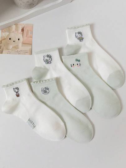  5 đôi tất in hình nhân vật Sanrio, tất cổ ngắn mỏng thời trang phù hợp mọi mùa, mềm mại và thoáng khí cho học sinh, phụ kiện dễ phối đồ (màu ngẫu nhiên)