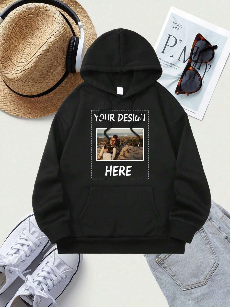 Custom Women's Printed Autumn/Winter -Lined Pocket Sweatshirt, Casual Long-Sleeve Hooded Pocket Hoodie, Women's Hooded Pocket Apparel - 黑色 - 查看 1