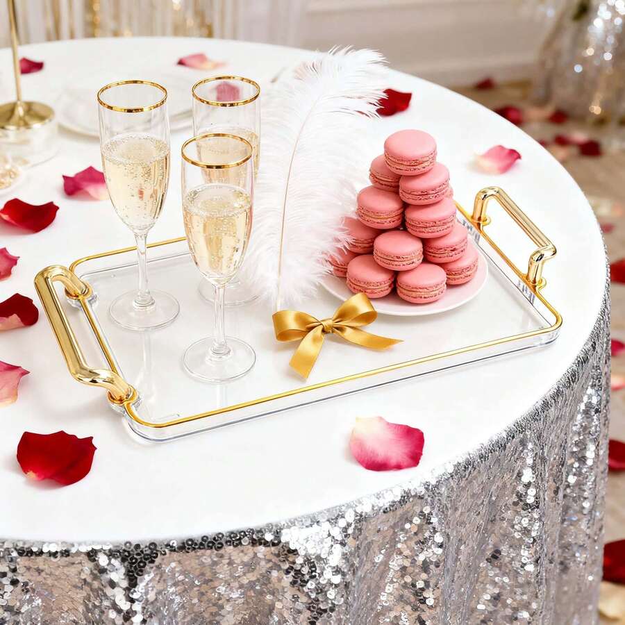 Khay đựng bánh bằng acrylic trong suốt với viền và tay cầm mạ vàng, khay trưng bày cocktail và đồ ăn nhẹ, kiểu dáng Ins Style.