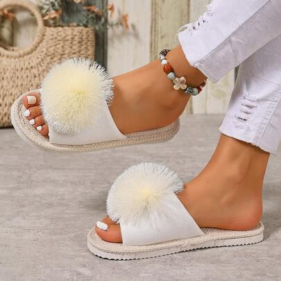 女士纯色套脚流苏球平底乐福鞋，时尚简约轻便舒适室内/室外拖鞋