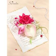 Hot Pink Prom Corsage And Boutonniere Set, Artificial Calla Lily & Rose Wrist Corsage Wristlet For Homecoming, Formal Dance, Wedding Flowers Accessories Party Suit Decorations - Hồng - Xem 7