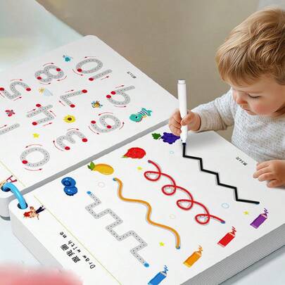 32页可重复使用的教育练习笔记本，可擦写板，耐用材质，适合3岁以上儿童练习控笔和早期学习，包含2把尺子和1块橡皮（颜色和形状随机）。