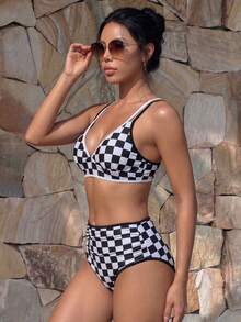 Casual Checkered Two-Tone Swimwear Set With Tie Back, Vacation - Black and White - View 2