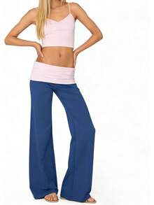 Wide Leg Sweatpants For Women Fold Over Low Rise Flare Yoga Lounge Pants Back To School Clothes For Teen Girls - Pink Blue - View 6