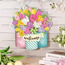 Waterproof Wooden Tulip Mason Jar Welcome Door Hanger, Colorful Tulip Bouquet Mason Jar Decor, Farmhouse Style, Reusable For Spring & Summer Patio, Garden Art Decoration - A - View 5