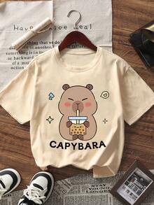 Set de 3 camisetas de manga corta con estampado de capibara, aptas para niñas preadolescentes en verano - Multicolor - Ver 8