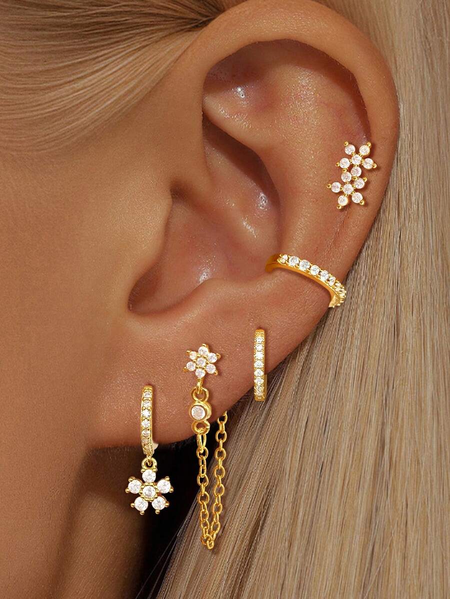 Bộ 5 đôi bông tai vòng mạ vàng 24K đính đá Cubic Zirconia xinh xắn dành cho nữ, gồm bông tai hình hoa Zirconia và bông tai dáng dài. - 5 cái/bộ - Xem 1