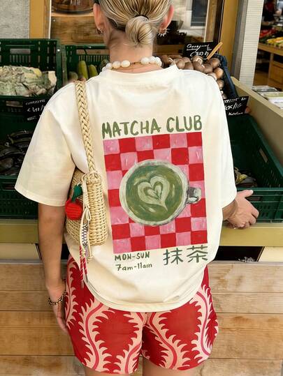 Áo thun ngắn tay cổ tròn in họa tiết cà phê matcha tối giản mùa hè mới, thời trang, đa năng, thích hợp mặc thường ngày cho nữ.