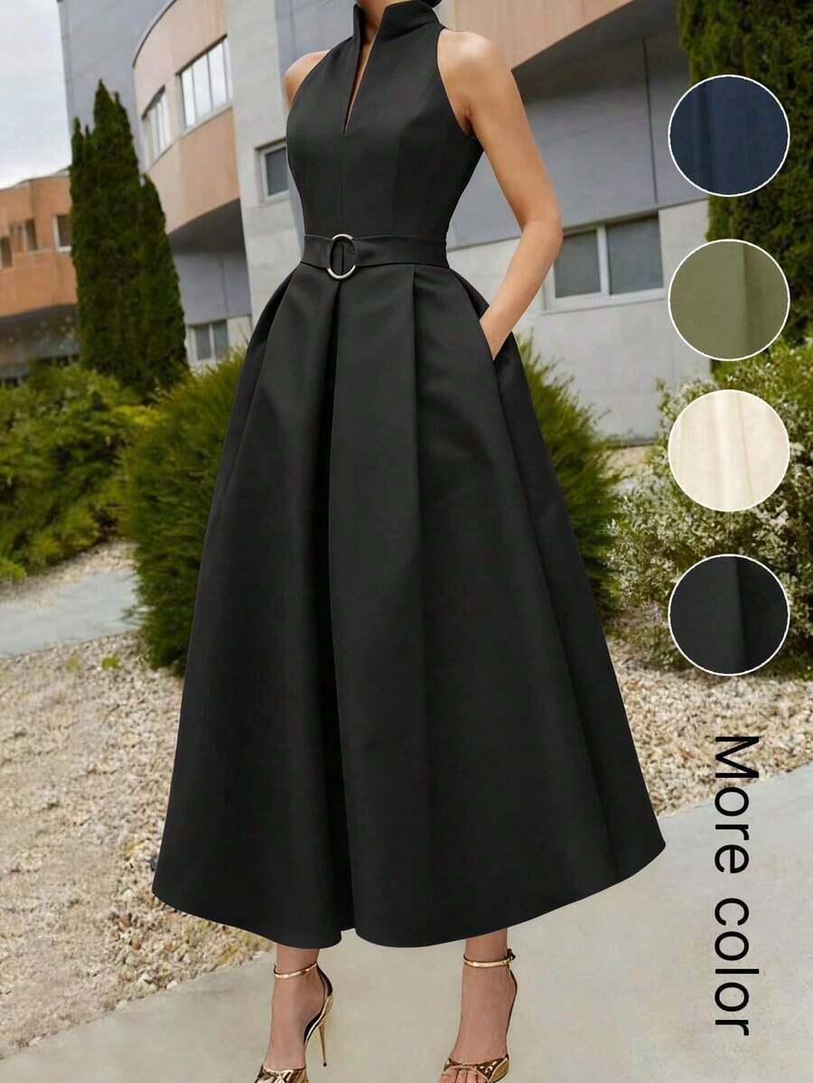 Women's Elegant Tie-Waist A-Line Dress, New Spring/Summer & Summer/Autumn Styles, Sleeveless V-Neck, Office/Commute Dress Black - Black - View 1