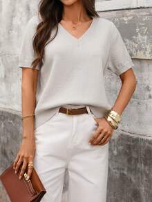 Plus Size Casual Solid Color V-Neck Knit Short Sleeve Top Spring - Grey - View 3